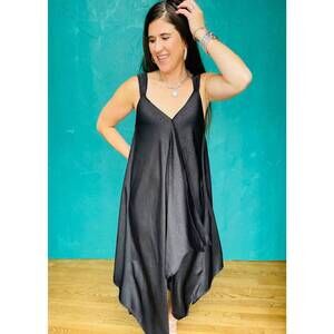 NEW BEFORE YOU textured satin v-neck sharkbite hem dress in black